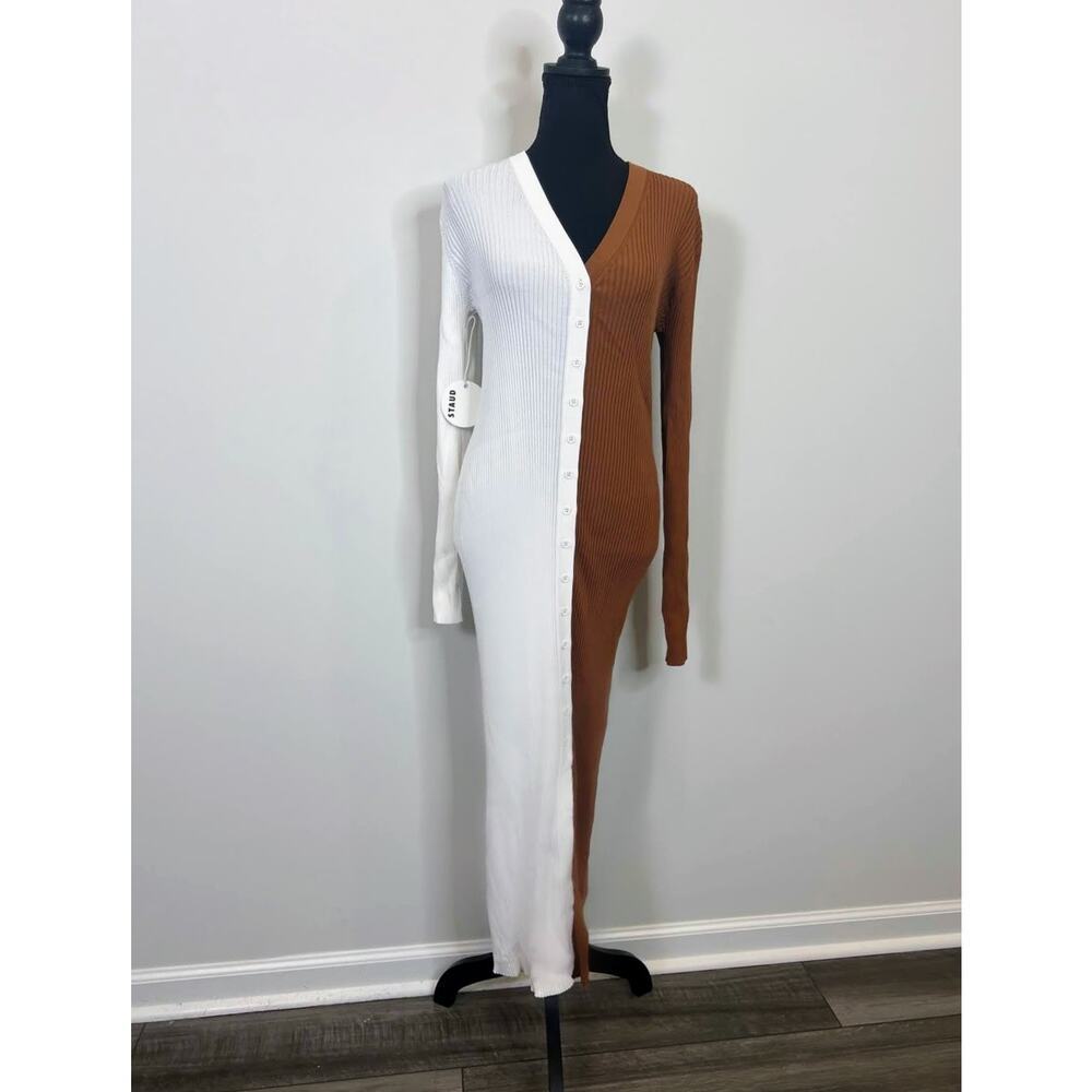 STAUD Shoko Sweater Dress Tan/White Size XL Knit Ribbed Button Front Long Sleeve - Picture 2 of 6